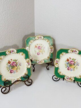 VTG Myott Staffordshire Coronation Rose Green Plates 8.5" Set/3 Caillebotte READ